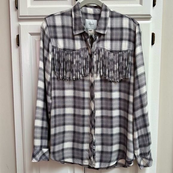 Rails Dolly Shirt in Olive Black Mini Check Plaid with Fringe Size Medium - Picture 2 of 13